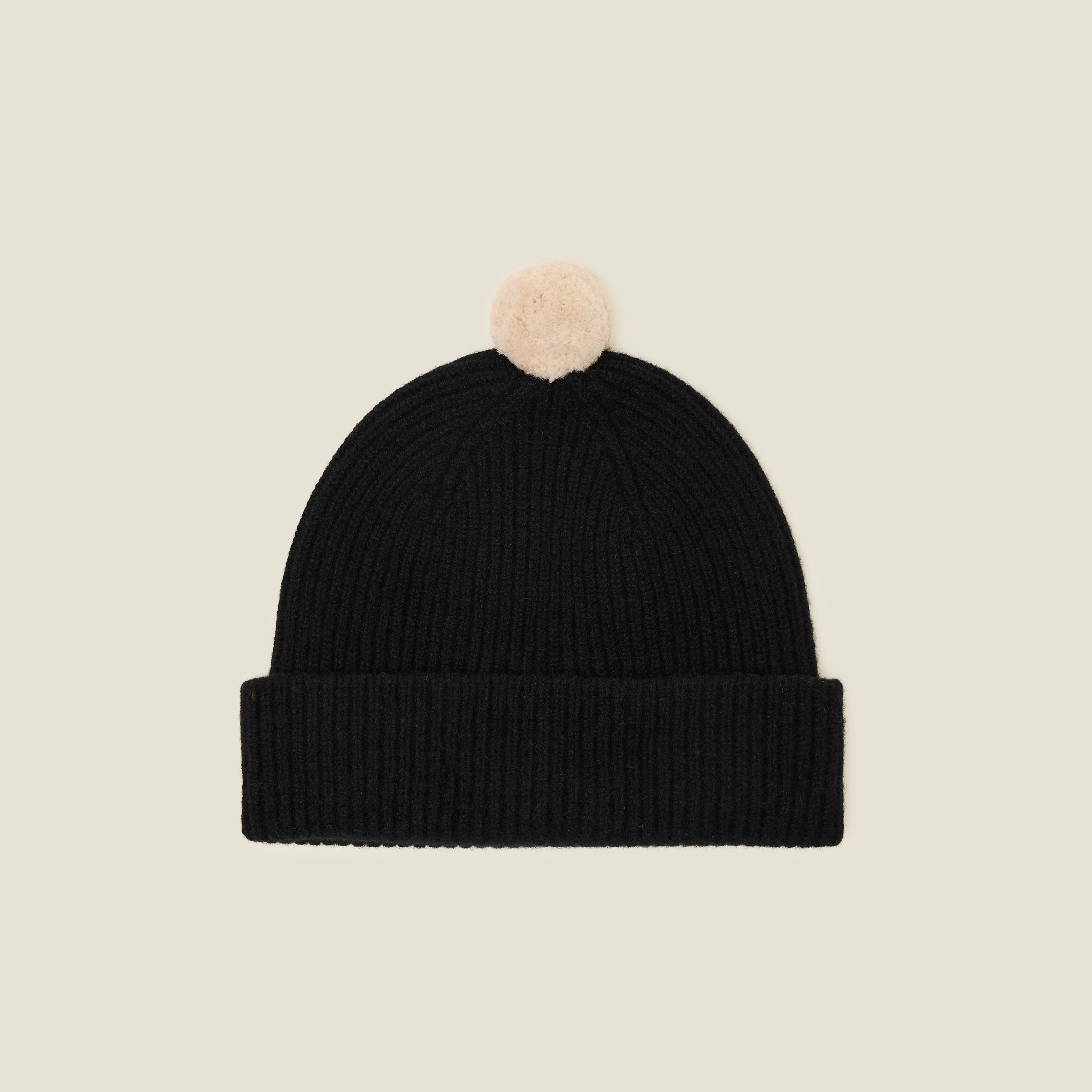 Contrast Pom Wool Beanie - Cream Black