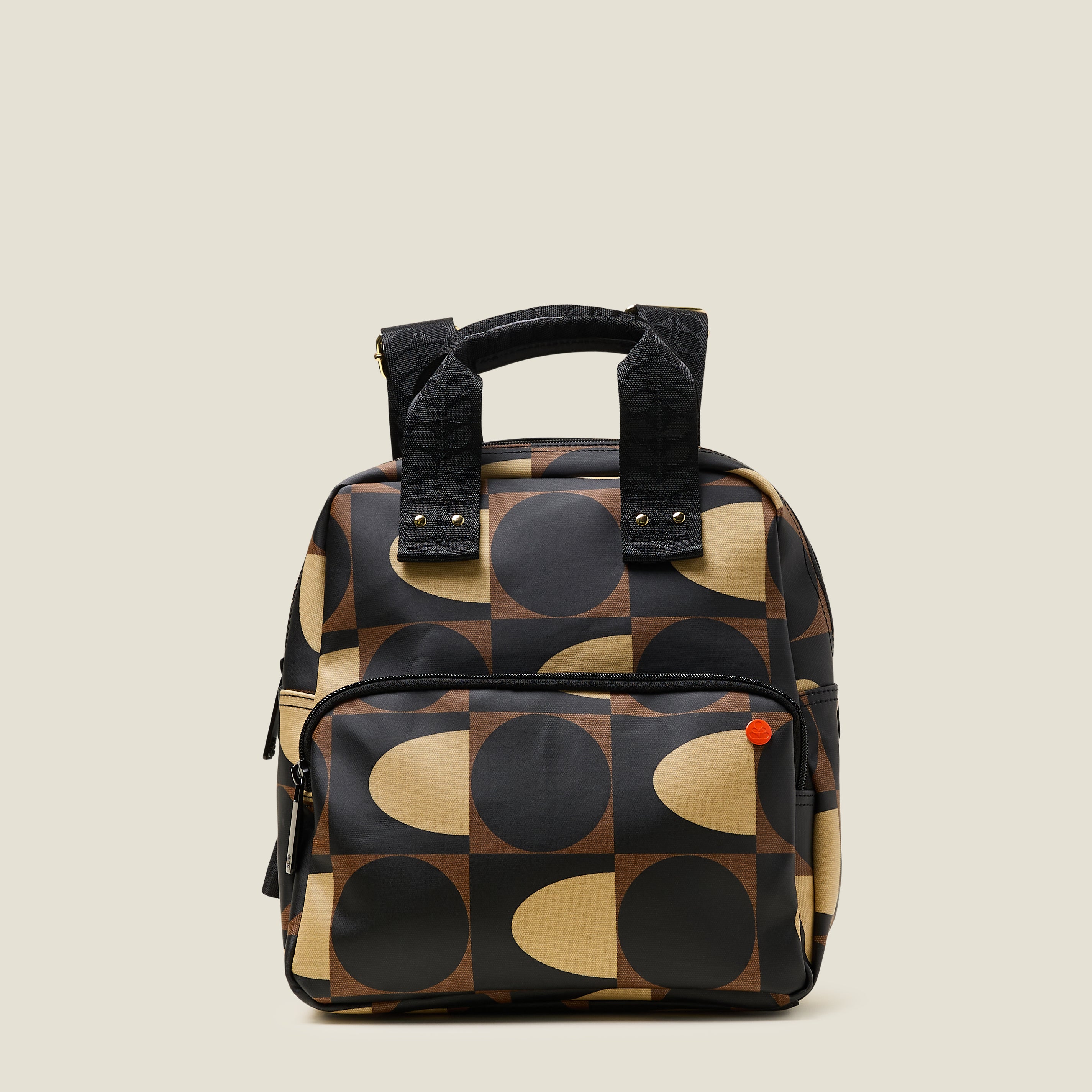 Front view of Mini Lotta Backpack with brown geometric pattern and front zipper pocket.