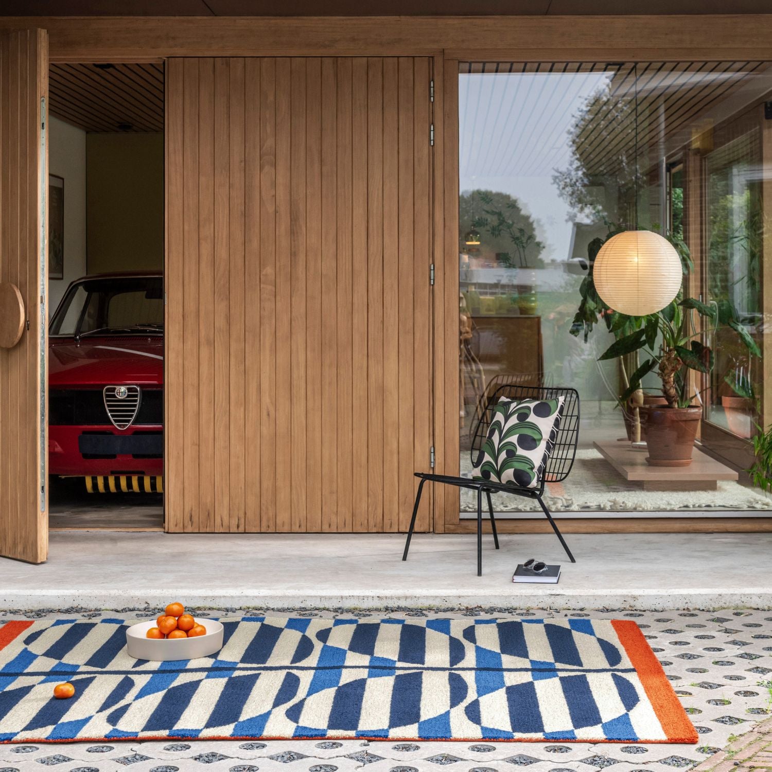 Stripy Stem Outdoor Rug in azure blue by Orla Kiely