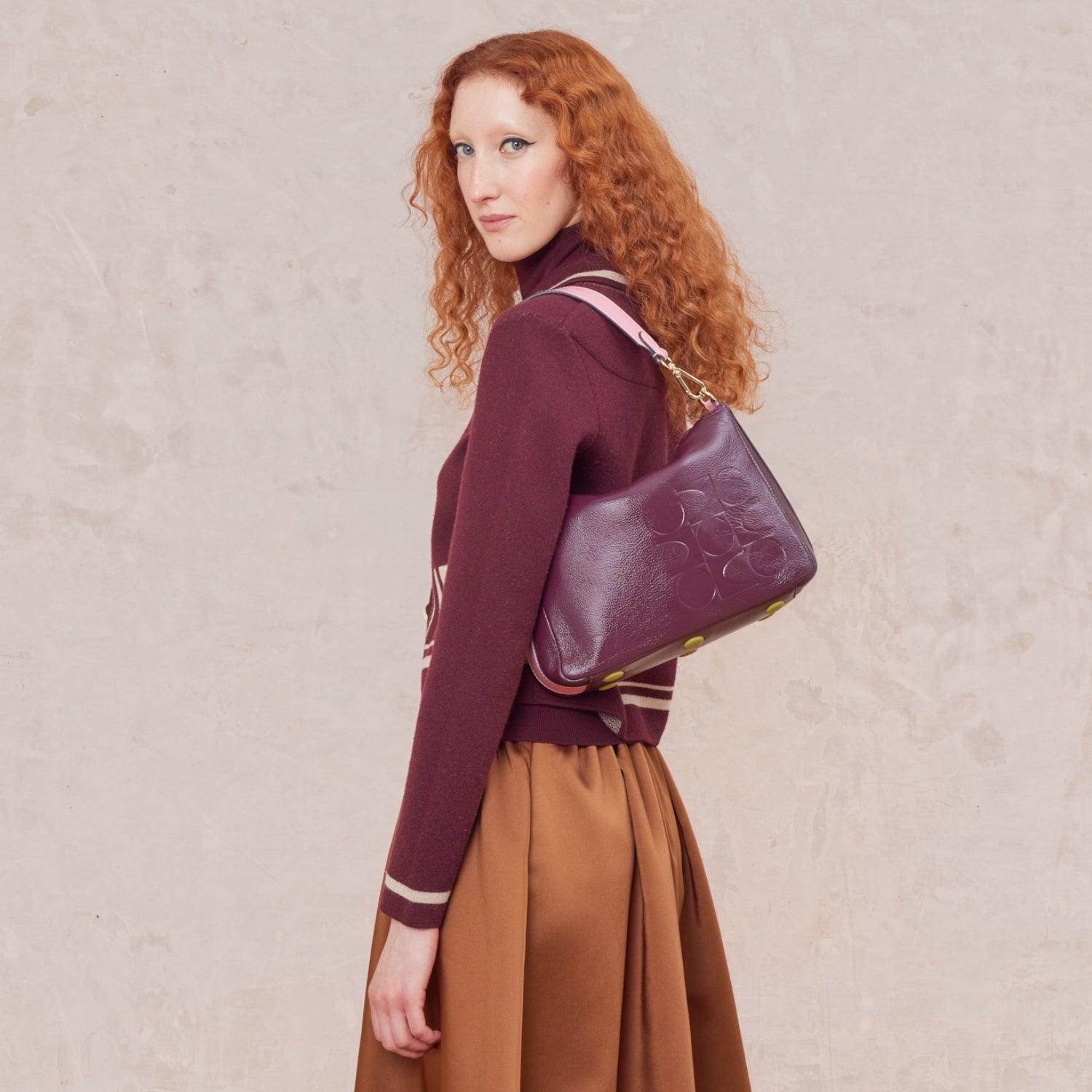 Small Softie Leather Shoulder Bag - OK Colourblock Burgundy